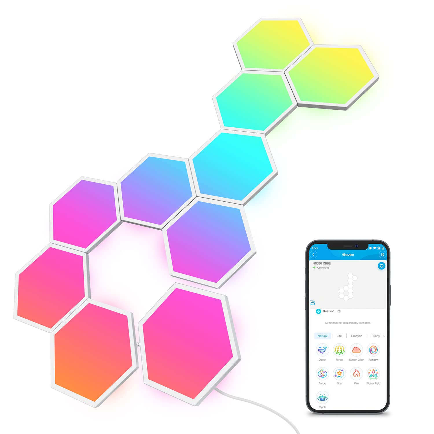 Govee Glide Hexa Panels, Smart Hexagon LED Wall Lights Wi-Fi RGBIC, 6 Music Sync Modes, 40 Scene Modes, Work with Alexa & Google Assistant for Living Room, 10 Packs