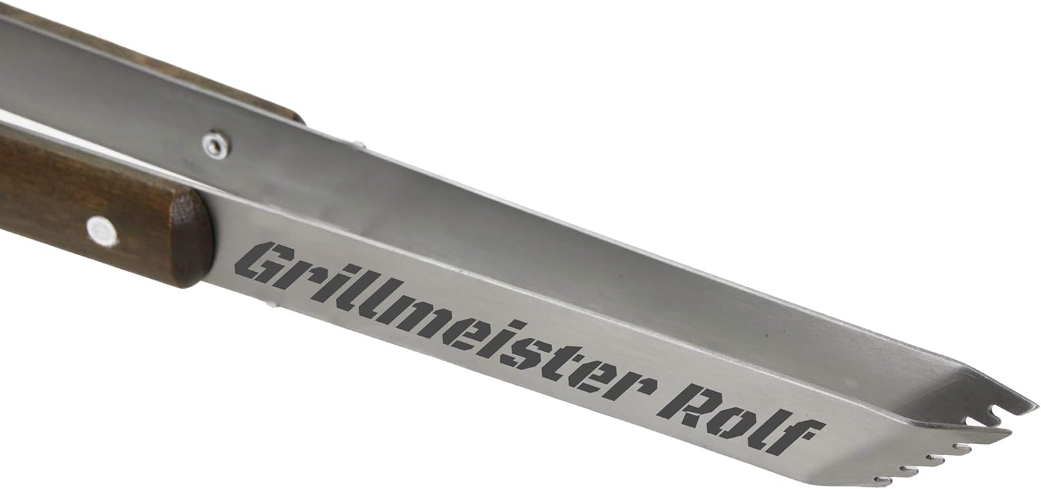 Personalisierte Lange Grillzange mit Gravur -ZUM SELBST GESTALTEN- aus Edelstahl mit Holzgriff aus Robustem Birkenholz | 33cm Küchenzange mit Namen | Vatertagsgeschenk (Mit Gravur)