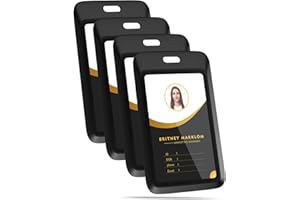 GOORDIK 4 Pack Sliding Black ID Badge Holder, Heavy Duty Plastic ID Badge with Clear Window, Vertical Key Card Holder Protector Pouch for Office School ID Cards Proximity Key Cards Drivers Licenses & Passes