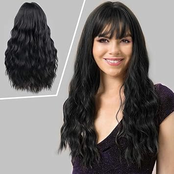 Amazon Com Akkya Long Black Wigs With Bangs For Women Wavy Heat Resistant Synthetic Curly Hair Weave Cosplay Halloween Party Wig Beauty