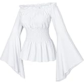 Irtysh Womens Renaissance Victorian Peasant Ruffle Smocked Waist Boho Pirate Shirt Blouse Cosplay Costume