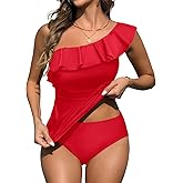 Yonique Women's Two Piece Swimsuits One Shoulder Tankini Tummy Control Bathing Suits Ruffle Swimwear