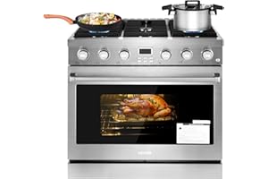 VEVOR Gas Range Oven, 36 Inches Width, Freestanding Stainless Steel Stove and Oven with 6 Sealed Cooktop Burners, Easy Reach Racks, Halogen Light, 6.0 Cu. Ft. Capacity, for Home Apartment Kitchen