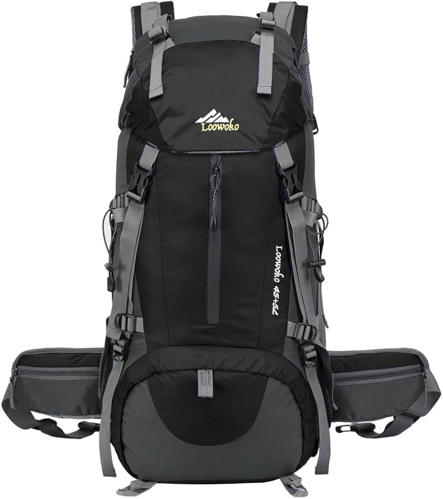 Loowoko Hiking Backpack 50L Travel Daypack Waterproof with Rain Cover for Climbing Camping Mountaineering (Black) : Sports & Outdoors