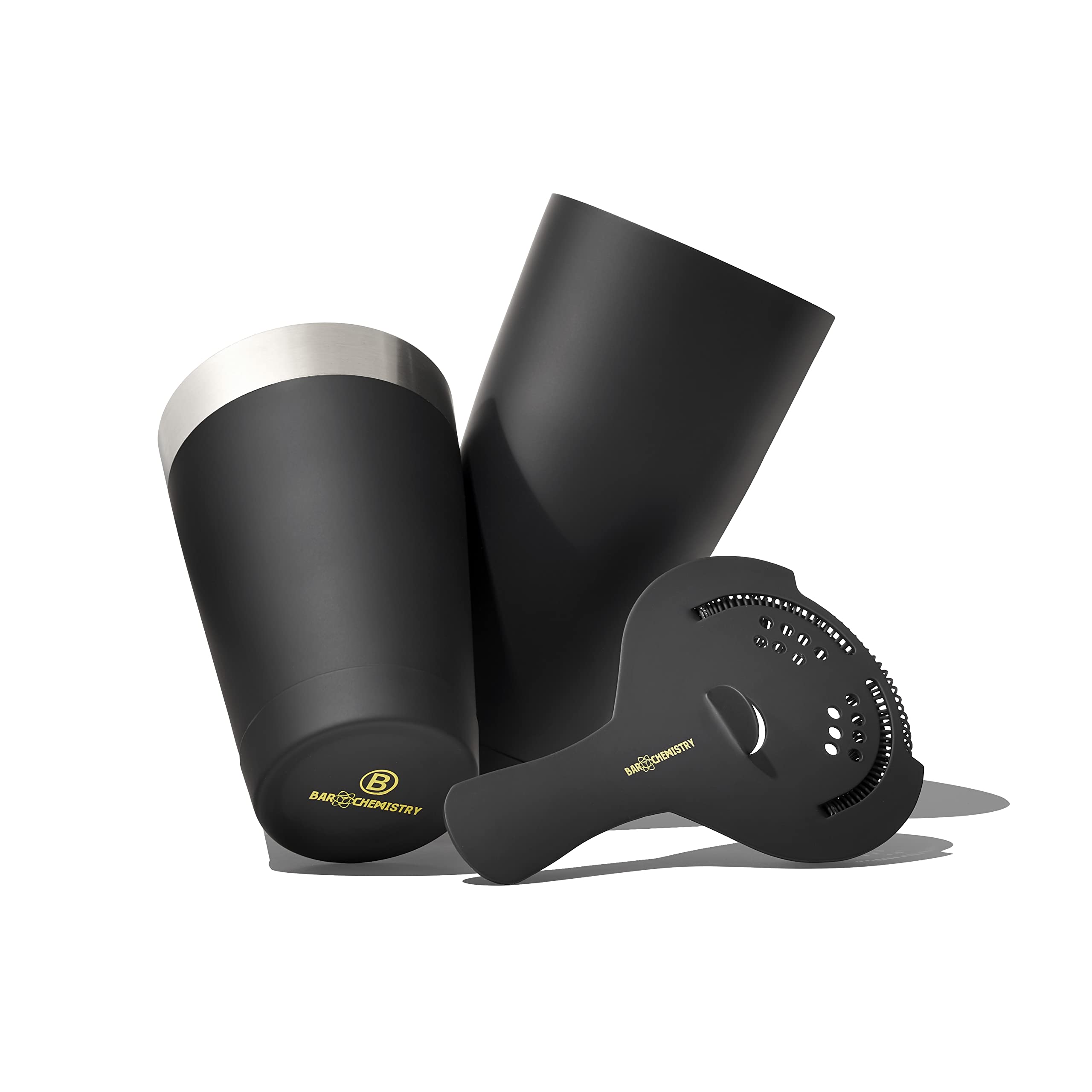 BarChemistry Cocktail Shaker - Professional Cocktail Set with Boston Shaker and Strainer - Stainless Steel Drink Shaker - Weighted Shaker Cups - Rubber Coated Boston Cocktail Shaker - Matte Black