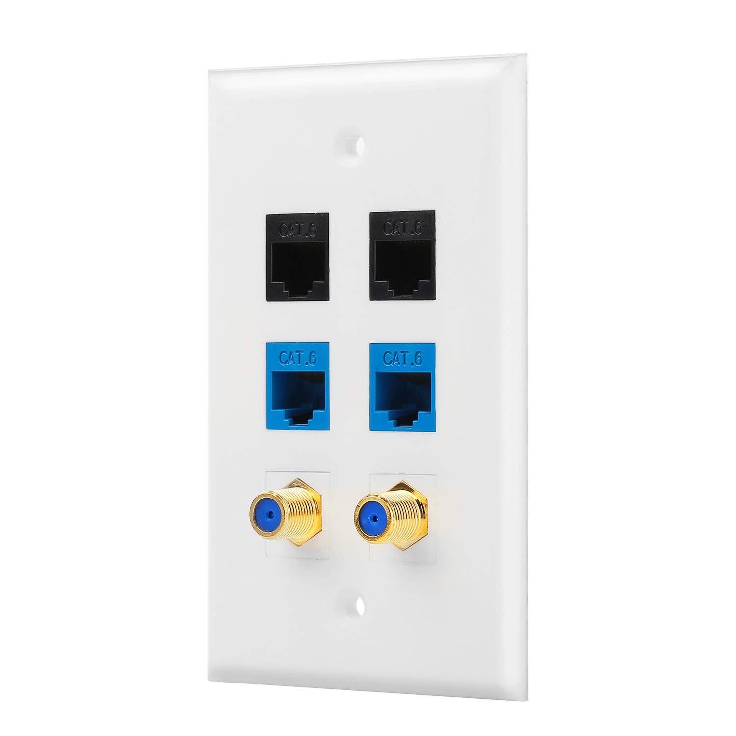 IBL-2 Port Gold-Plated Coaxial TV Cable F Type + 4 Port Cat6 Ethernet Female to Female Jack Wall Plate in White