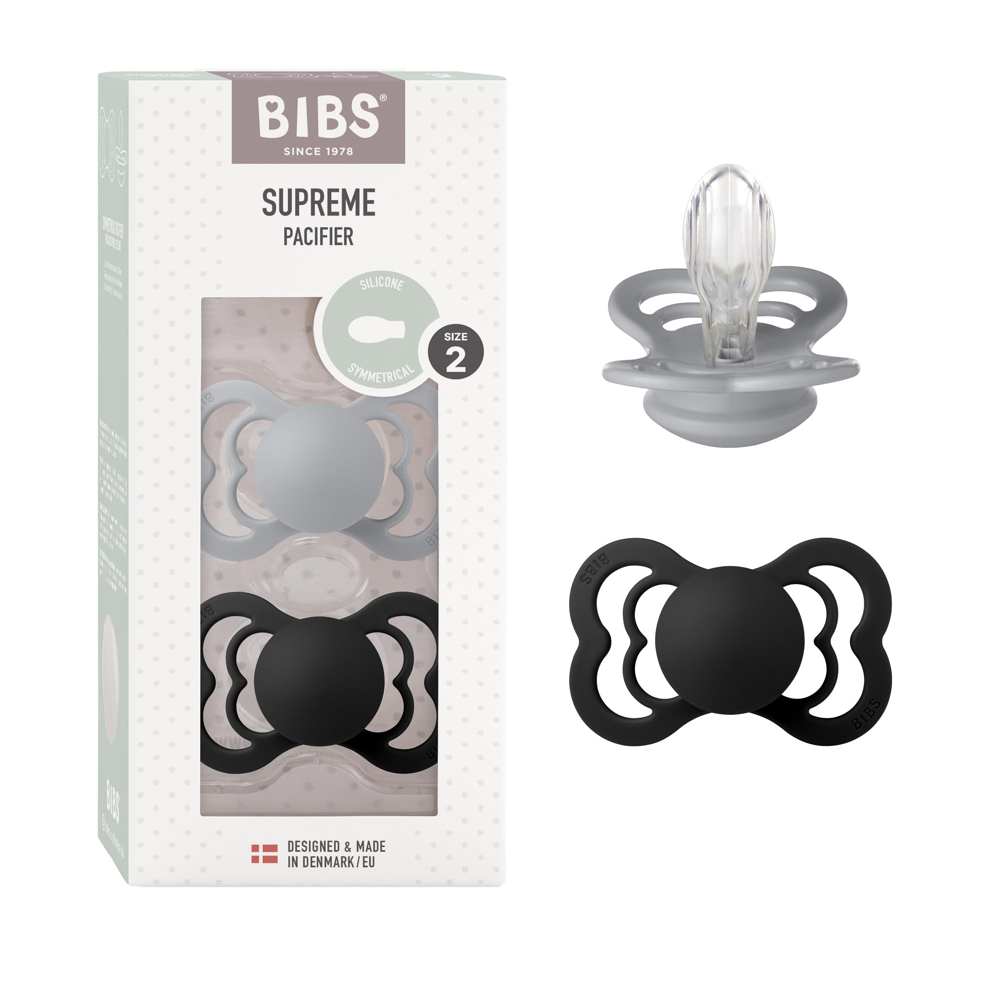 BIBS Supreme Dummies 2-Pack, BPA Free Dummy Pacifier, Silicone Symmetrical Nipple Soother, Size 2 (6-18 Months), Cloud/Black