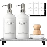 NEECZS Kitchen Soap Dispenser Set with Instant Dry Tray,16 Oz Hand and Dish Soap White Glass Dispenser Set,Stainless Steel Pump,Waterproof Labels&Dish Brush,Luxury Soap Bottle for Kitchen,Bathroom