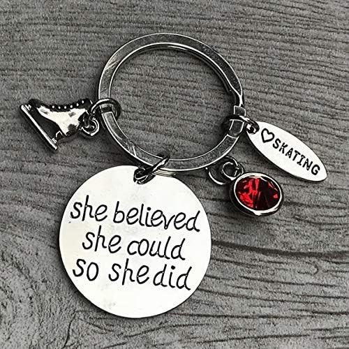Personalized Figure Skating She Believed She Could So She Did Keychain with Birthstone Charm, Custom Figure Skake Jewelry, Ice Skating Gift Ideas