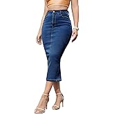 Foresi Women's Long Jean Skirts Stretch Denim Midi Skirts with Back Slit Bodycon Mid Waisted A Line Dress with Pockets