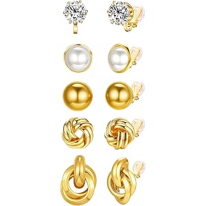 Awinesn 5 Pairs Clip On Earrings for Women Hypoallergenic 14K Gold/Silver Plated Non Pierced Earrings CZ Pearl Knot Twist Bal