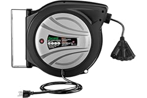 Cecarol Extension Cord Reel 14AWG/3C SJTOW 50FT Retractable Cord with Triple Tap, 13A/ 125V/ 1625W, Slow Retraction Tech, Circuit Breaker, Power Indicator, 180° Swivel (50FT, Black)