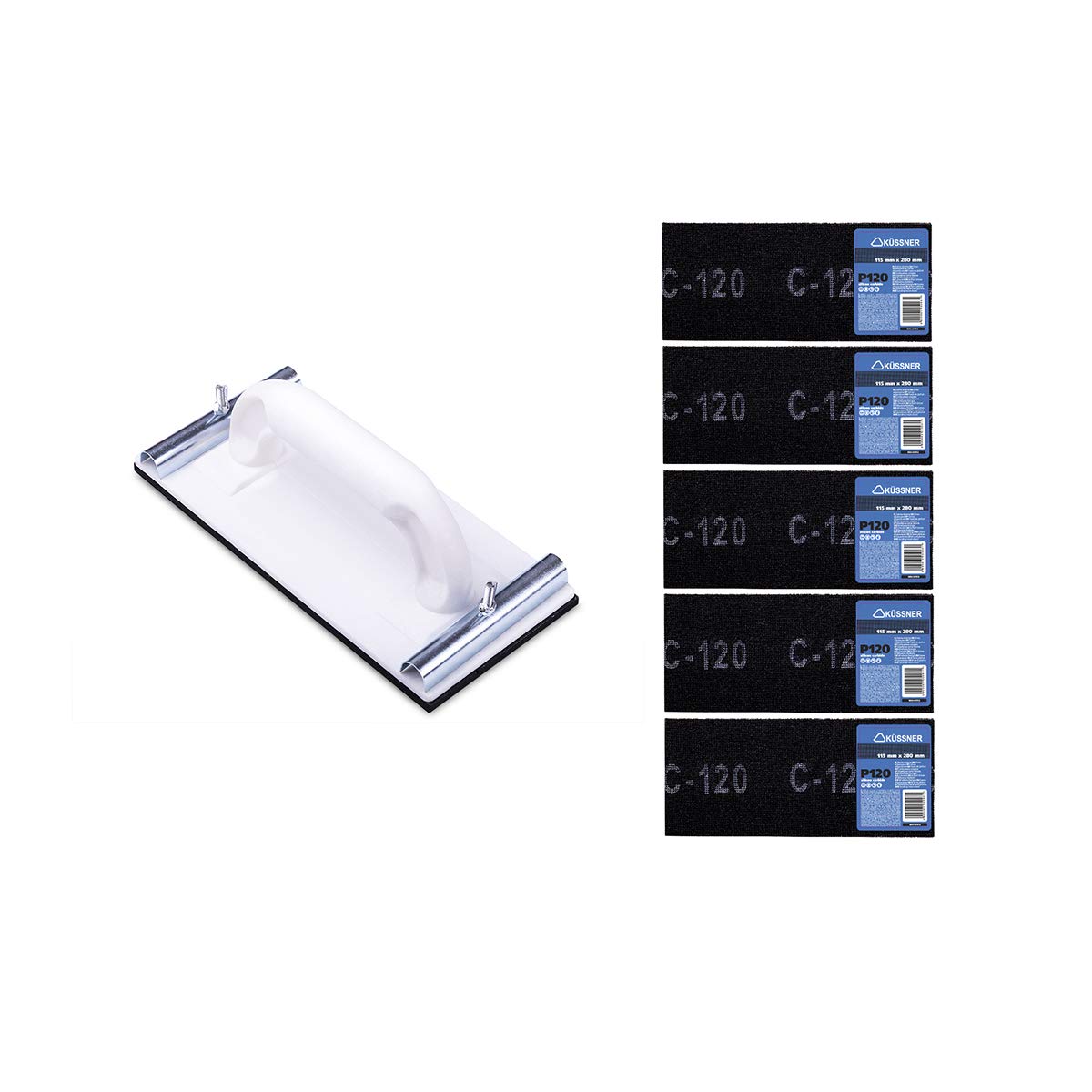 Küssner A0180-900512 Hand Sander Set of 5 Sanding Screws Length 28 cm Width 11.5 cm Grain 120 Grit Sanding Block with Metal Clamping Handles Length 22 cm Width 10.5 cm White