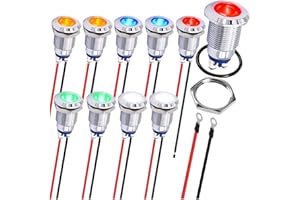 MKBKLLJY 10Pcs Indicator Light 12mm 1/2" Waterproof IP67 Metal Signal Lamp 12V AC/DC LED Pilot Dash Lamp Screw Terminal Concave Head 5Color(Red/Yellow/Blue/Green/White) with 120mm Cable for Car Boat
