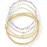 SHINUS BOHO 14K Gold Plated Beaded Bracelet Stack for Women, Cute Colorful Seed Beads Stretch Stackable Bracelets Fashion Minimalism Holiday Accessories Jewelry Gift Friendship
