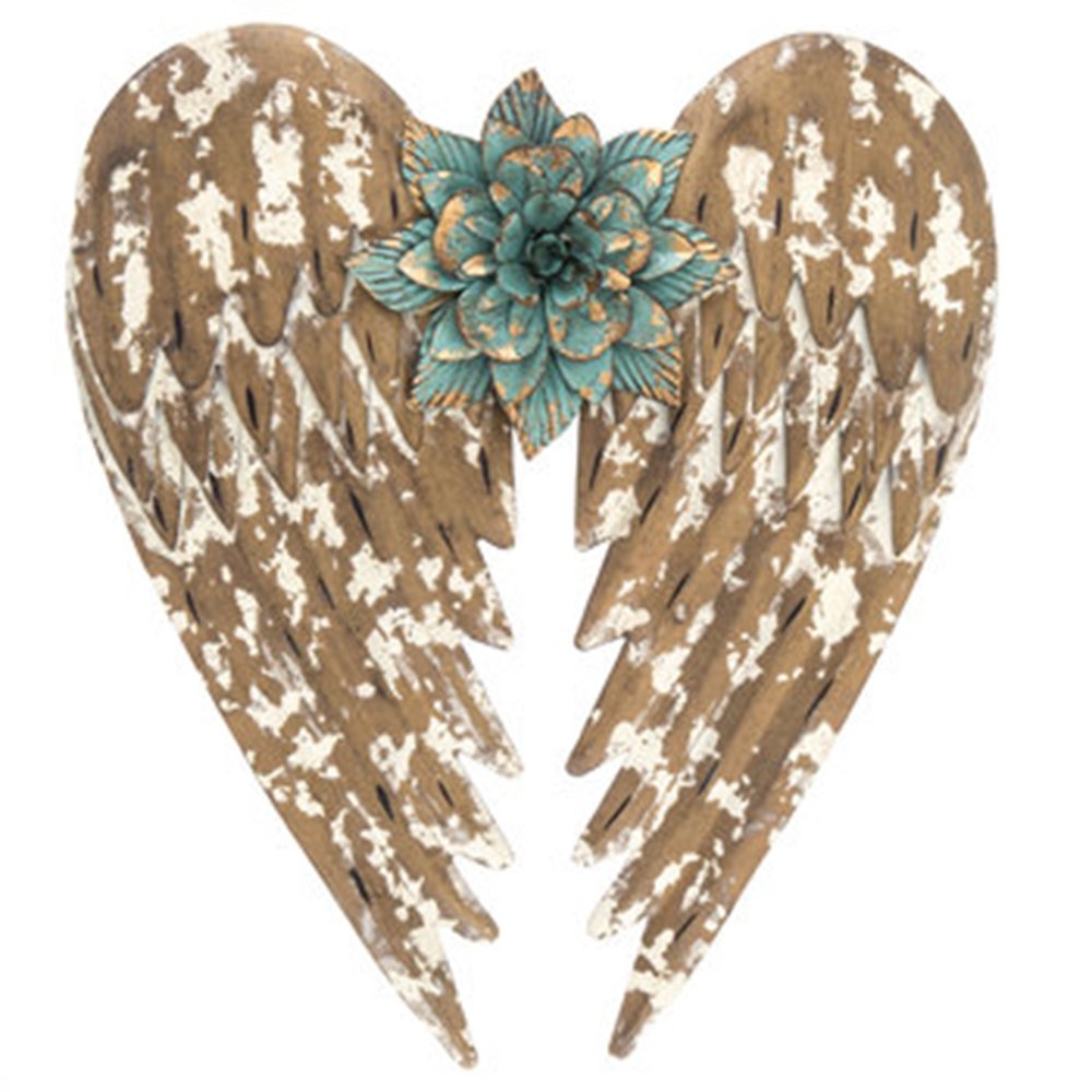 Beautifully Distressed Gold Metal Angel Wings with Flower in Center Wall Home Decor ~ 14.5"