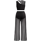 AFAVOM Lyrical Dance Dress for Women Modern Contemporary Dance Costume Cutout Crop Top + Mesh Sheer Pants 2PCS Ballet Outfits
