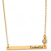 HotMixCold Personalized Long Skinny Bar Engraved Necklace, CZ Diamond Jewelry, Thin Name Plate Necklace, 14k Rose or Gold Fill, 925 Sterling Silver