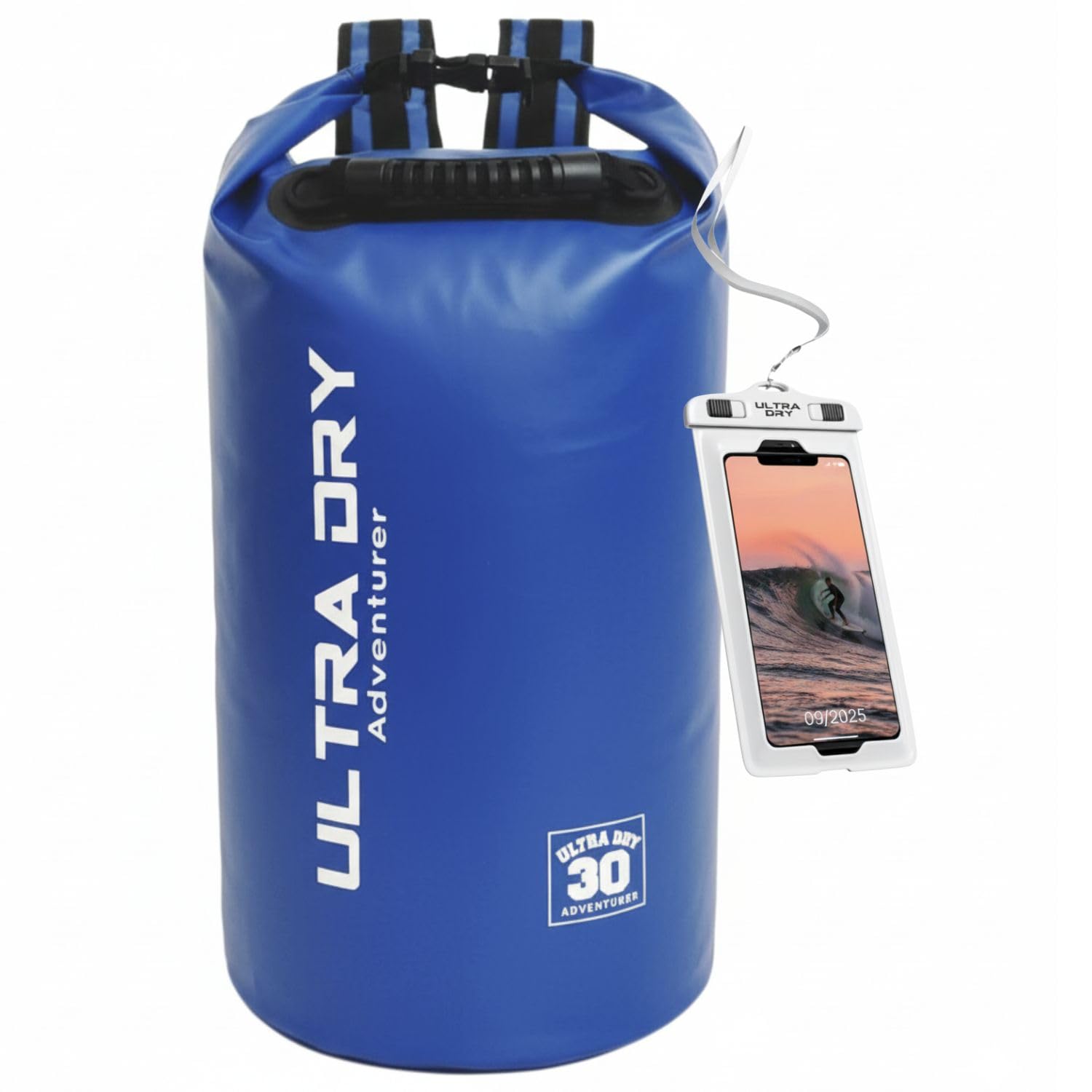 Ultra Dry Adventurer 30L Dry Bag Backpack - Premium Blue Waterproof Bag with Waterproof Phone Pouch & Padded Backpack Straps for Kayaking, Canoeing, Boating & Camping