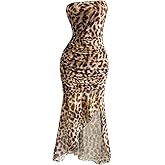 Milumia Women's Leopard Print Strapless Bodycon Maxi Dress Backless Sleeveless Ruffle Tube Dresses