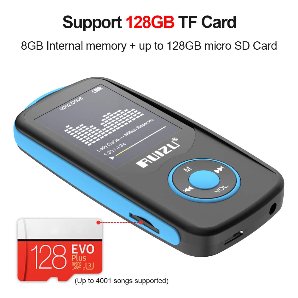 RUIZU X06 Mp3 Player with Bluetooth, Mp3 Music Player with FM Radio, 100hrs Playback, and 128GB Expandable, Blue