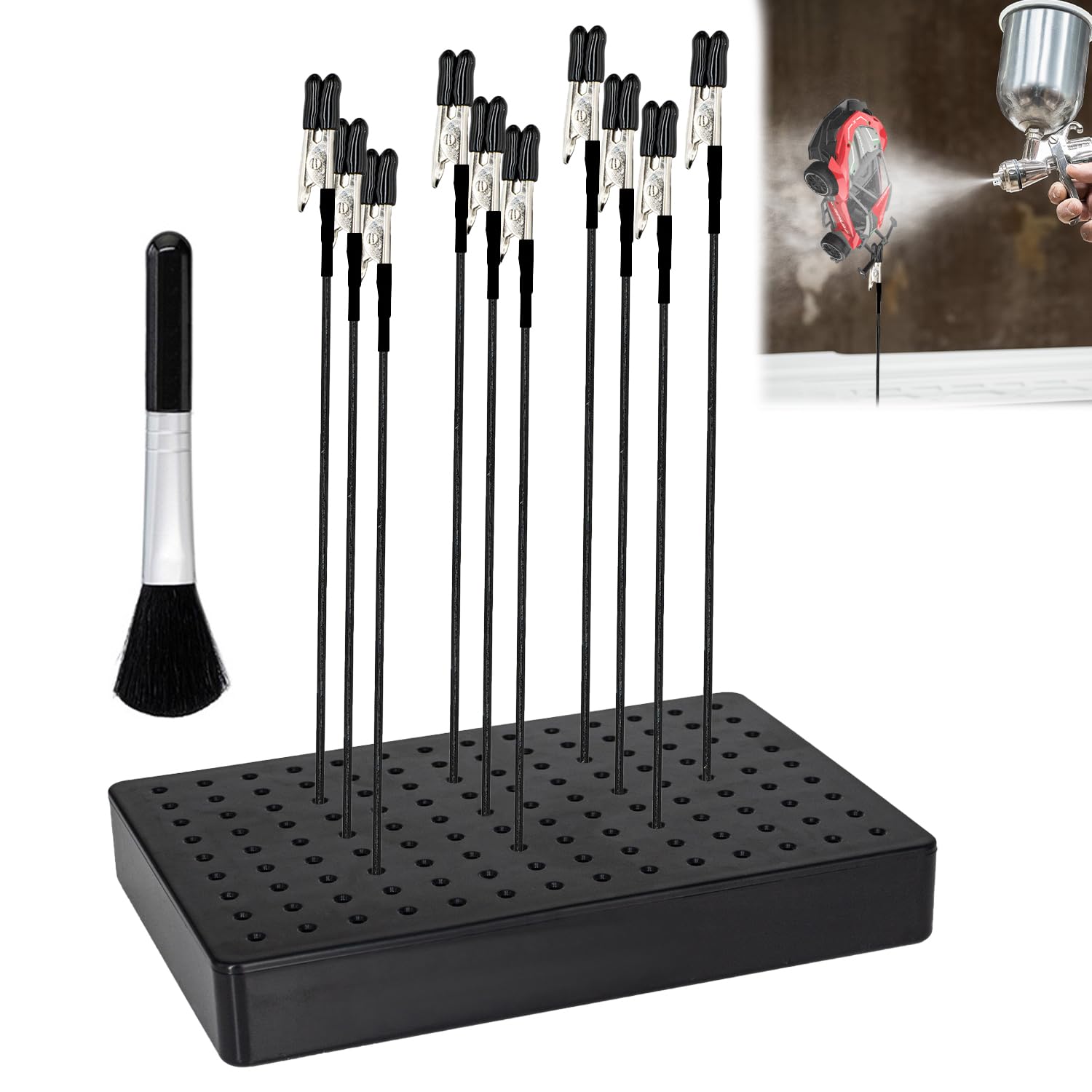 VLYX 10-Piece Alligator Clip Stick Set with Spray Painting Stand Base, Brush, and Metal Wire Clamps for Model Painting, Hobby DIY, Jewelry Wearing, Card Photo Memo