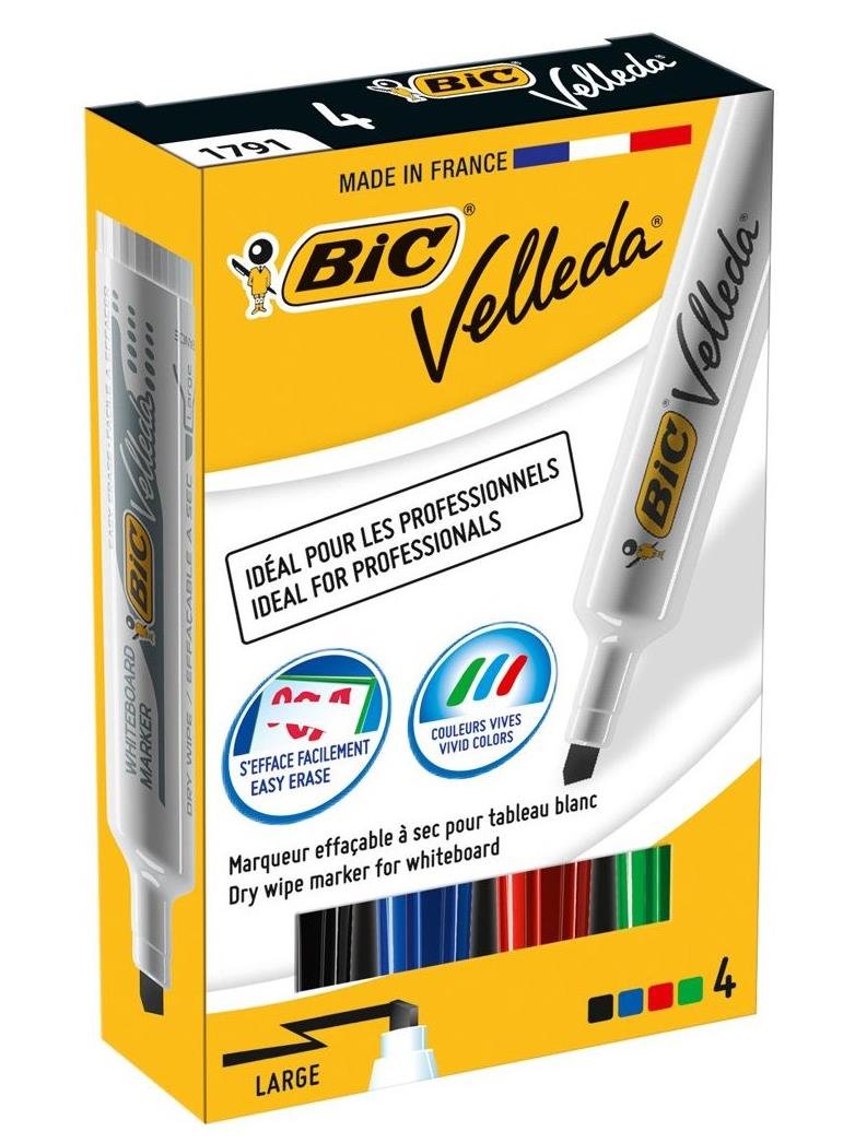 Bic Velleda 1741–Pochette de 4 marqueurs effaçables of sec-Pointe biseautée-cétone - 4 Bright Inkjet