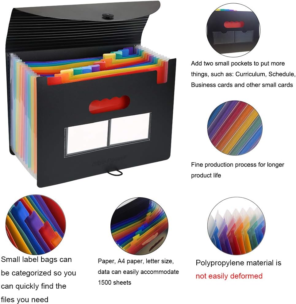 Expanding File Folder/BluePower 12 Pockets Accordian File Organizer/Portable Expandable Plastic Filing Box, Accordion Bill/Paper/Document/Receipt Organizer Folders with Colored Tabs(A4/Letter Size) : Office Products