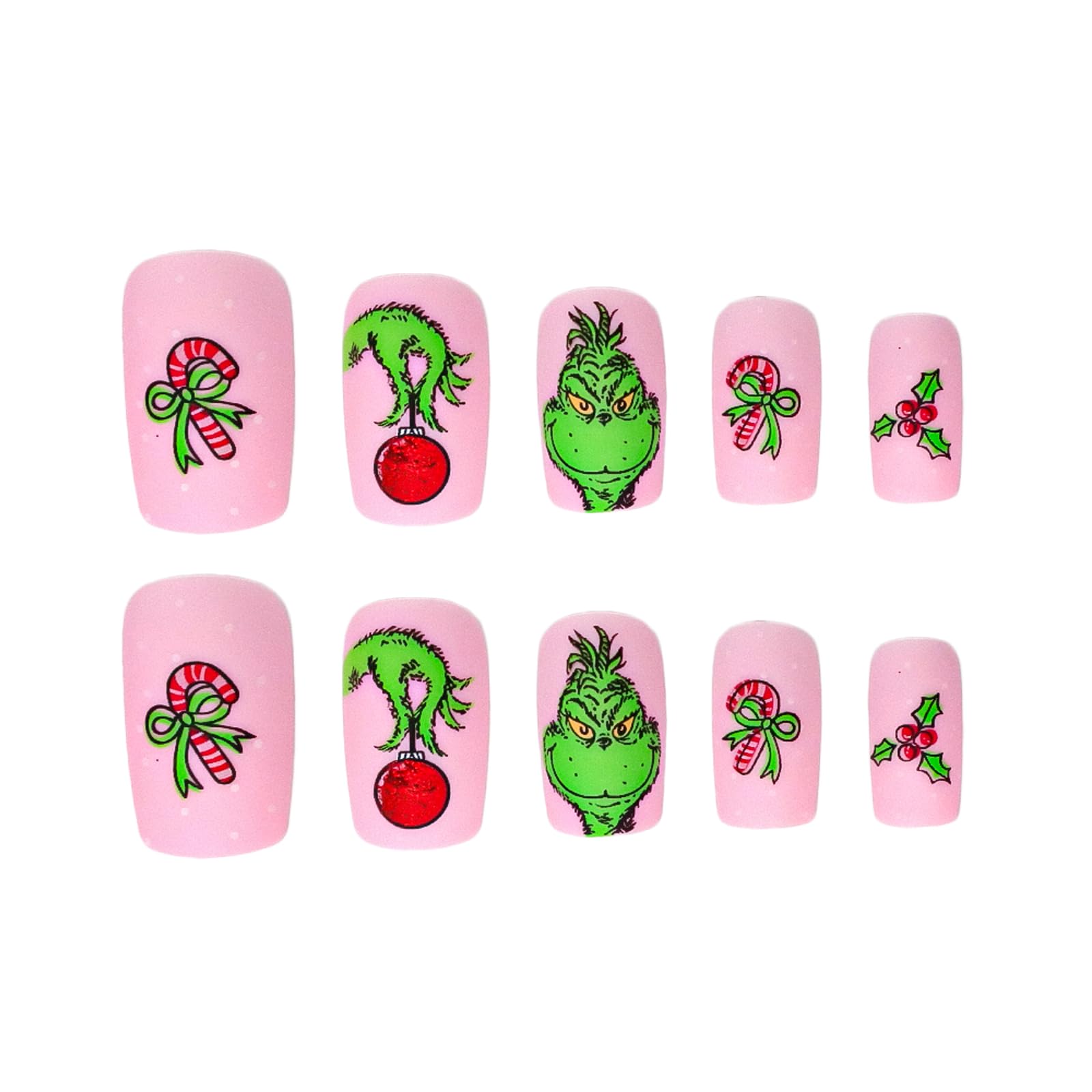 Christmas Press on Nails Short Square Fake Nails Pink Stick on Nails Winter False Nails with Fun Cartoon Green Haired Monster Designs Xmas Candy Cane Press on Nails for Women Girls Holiday Manicure - Image 2