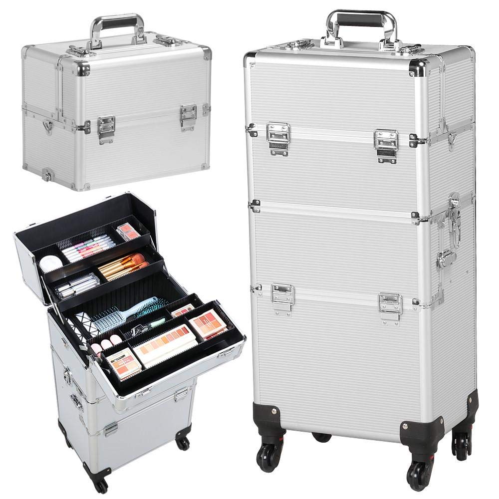 Yaheetech 3 in 1 Professional Aluminum Rolling Makeup Trolley Artist Train Case Cosmetic Organizer Makeup Case 4 Removable Spinner Wheels Silver : Beauty