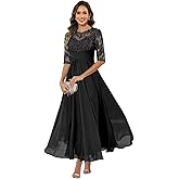 Qbnme Tea Length Mother of The Bride Dresses for Women Lace Chiffon Half Sleeve Formal Wedding Guest Dress