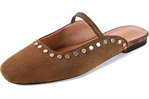 Gengzai Flat Mules for Women Closed Square Toe Studded Suede Mary Jane Flats Sandals Slip On Dressy Casual Backless Loafer Sh