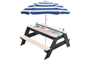 K LUCKIDS Kids 3-in-1 Sand & Water Activity Table, Wood Outdoor Convertible Picnic Table, 2 Play Boxes, Removable Top with Faucet, Picnic Table for Outdoor Backyard Patio Play (Black/Navy)
