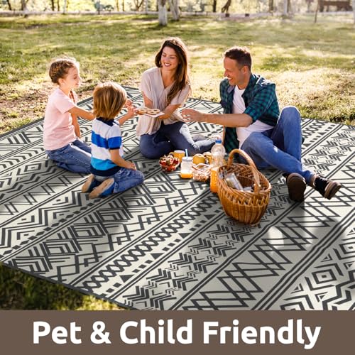 8x10 Outdoor Rug Braided Indoor Outdoor Rugs Carpet Non Slip Outdoor Patio Rug with Rubber Particles Backing, Boho Outdoor Area Rug for Patio Deck Porch Balcony Backyard Living Room, Blackish Grey