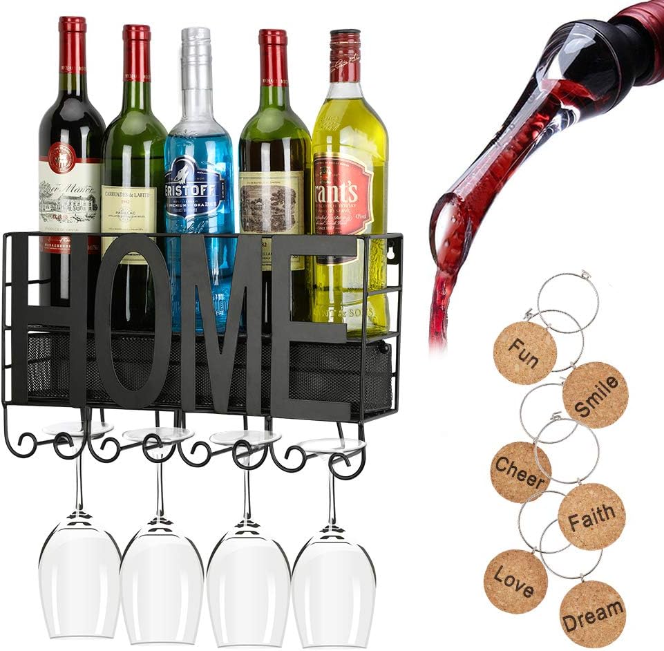 Wall-Mounted Wine Rack with Shelf and Stemware Glass Holder, Metal Wall Mounted Wine Rack and Glass Holder with Cork Storage for Elegant Storage for Kitchen, Dining Room, Bar, Wine Cellar - HOME