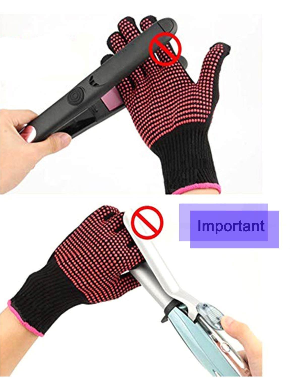 2 Pcs Professional Heat Resistant Glove for Hair Styling Heat Blocking Gloves for Curling, Flat Iron and Hair Styling Tools, Silicone Bump, Pink Edge: Beauty