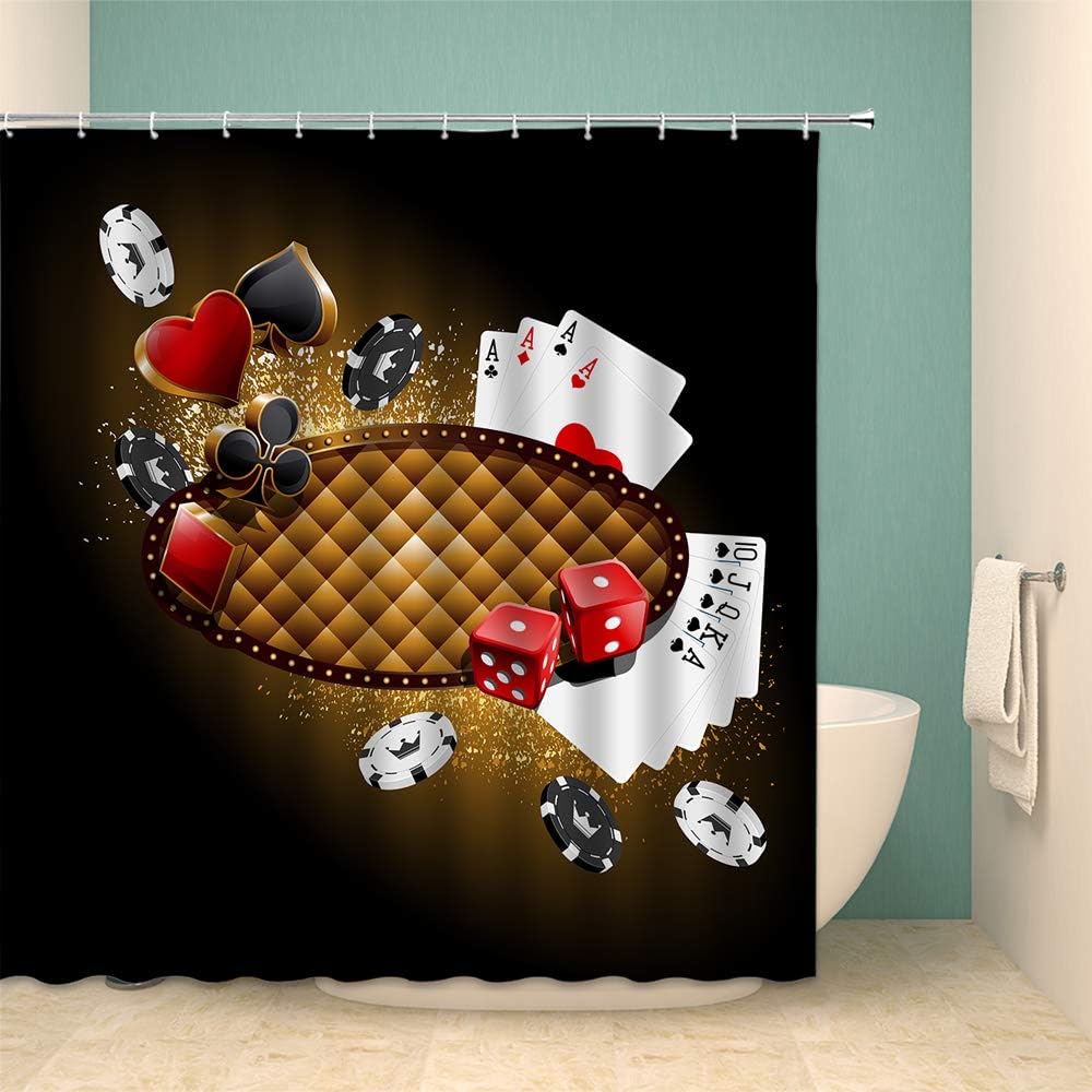 Xnichohe Dice Shower Curtain Poker Chip Black Heart Diamond Club Gambling Tournament Polyester Bathroom Set 70 Inch with Hook Hole