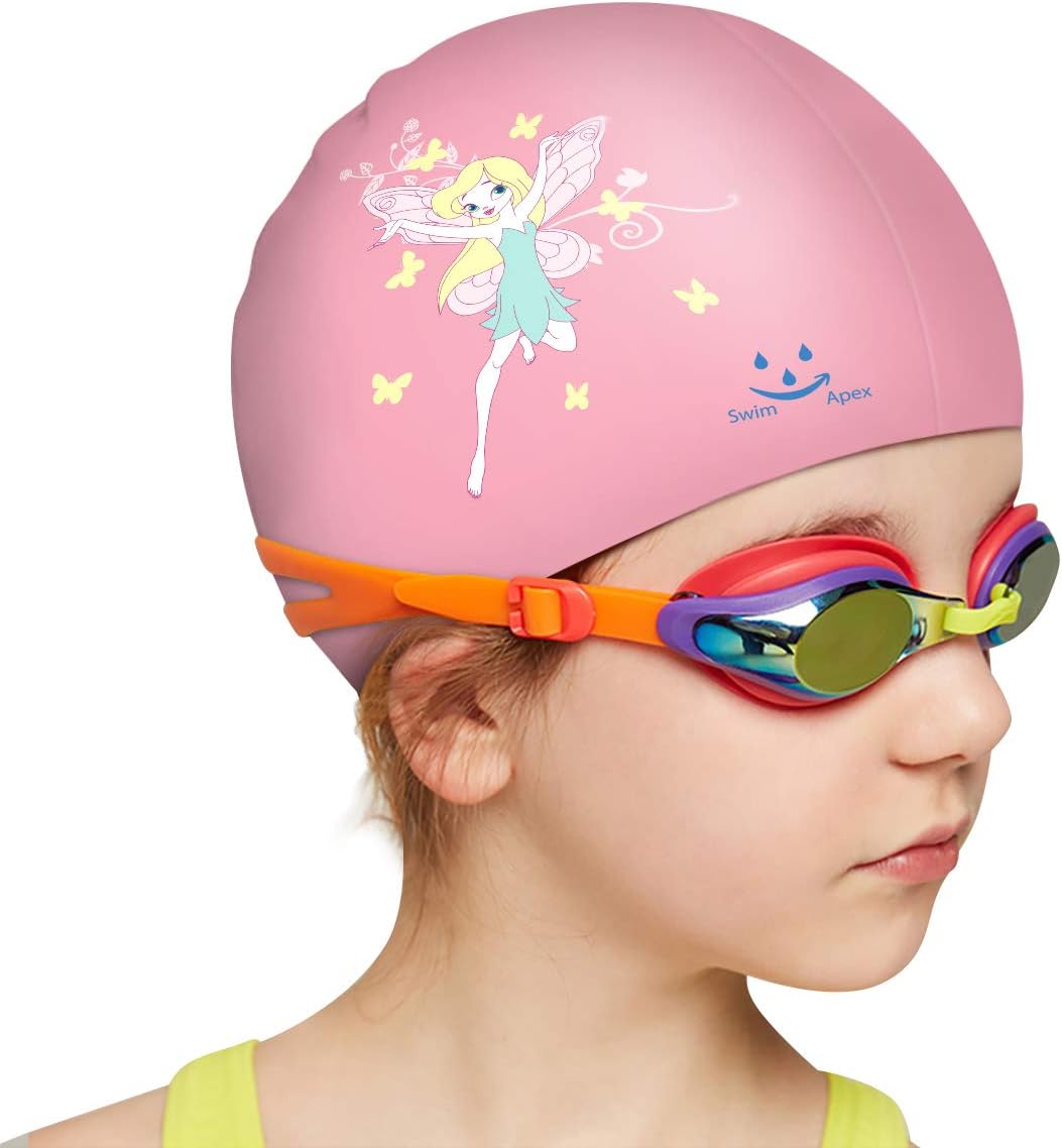 Swim Apex Silicone Kids Swim Cap for (Age 2-12), Durable Silicone Swimming Cap for Kids Youths Boys Girls, Baby Waterproof Bathing Caps for Long Hair and Short Hair with Comfortable Fit