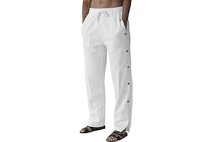 TRFIC Mens Linen Pants Summer Casual Button Straight Beach Pants Baggy Elastic Waist Drawstring Yoga Trousers with Pockets