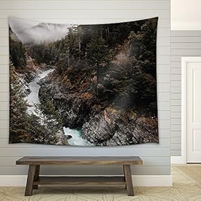 Autumn Landscape with River Travelling Through Mountain - Fabric Wall Tapestry Home Decor - 51x60 inches