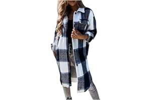 LEHOZIHEQ Plaid Shirts for Women Flannel Shacket Jacket Long Sleeve Lapel Button Down Shirts Coats Blouse Tops with Pocket