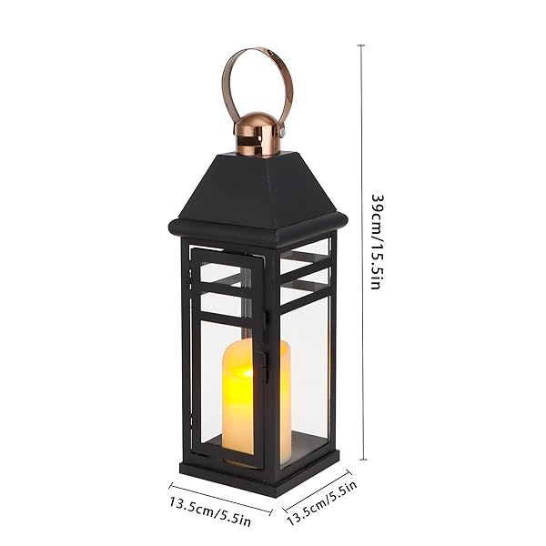 TRIROCKS DECORATIVE VINTAGE CANDLE LANTERNS 15.5″ H FARMHOUSE OUTDOOR HANGING LANTERNS WITH TEMPERED GLASS FOR PORCH, BALCONY, PATIO, HOME, CENTERPIECES, INDOOR, OUTDOOR(BLACK WITH GOLD TOP)