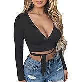 Artfish Women Sexy Deep V Neck Crop Top Bandage Wrap Tie Tight Cropped Fitted Cleavage Shirts
