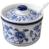 Retro Ceramic Blue and White Sugar Bowl Seasoning Pot Storage Jar with Lid