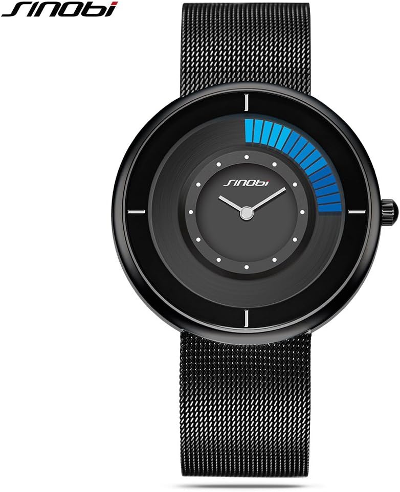 SINOBI Ultra-Thin Dial Mens Watches Top Brand Mesh Strap Wristwatch Rotate Creative Quartz Watch Male