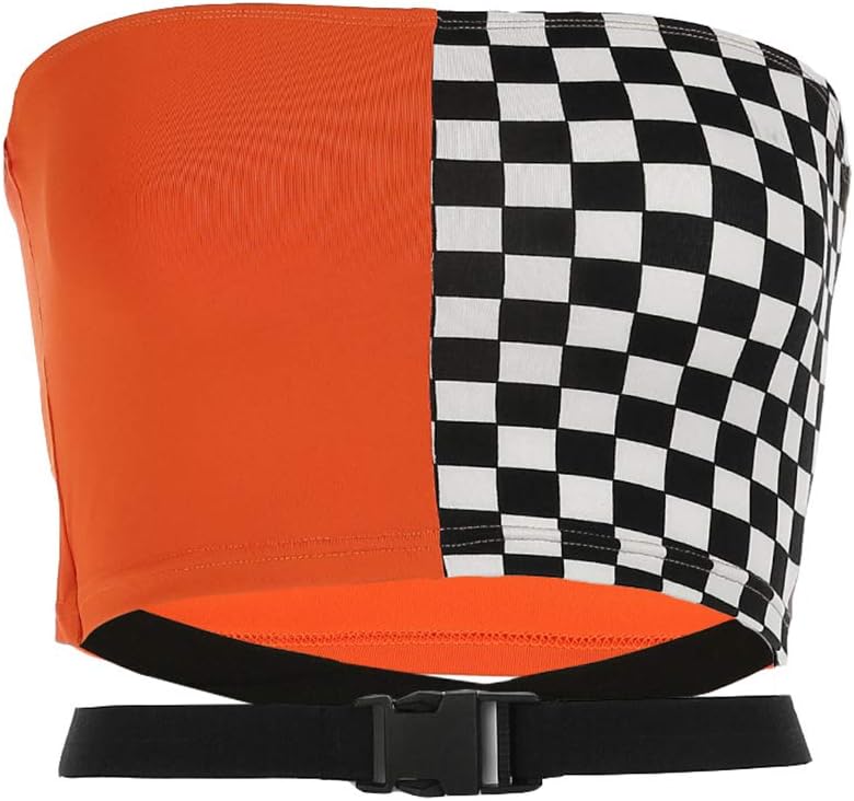 Women Patchwork Hollow Out Adjustabe Waist Checkerboard Strapless Tube Tops