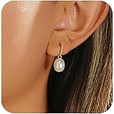 Pearl Earrings for Women Trendy, Dainty 14K Gold Plated CZ Pearl Drop Earrings Cute Dangle Earring Wedding Prom Jewelry Bridal Gifts for Her