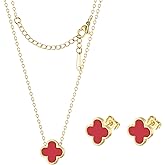 KYJAC Clover Necklace and Stud Earrings Jewelry Set White Black Red Clover Pendant Necklace 18k Gold Plated Four Leaf Clover Necklace Earrings Set Gifts for Women