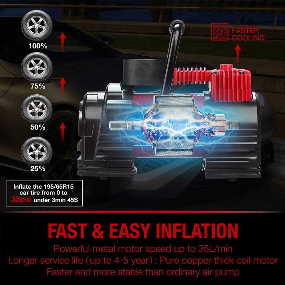 Portable Air Compressor Tire Inflator - 12V DC Heavy Duty Digital Pump with 9 LED Light for Car/Motorcycle/Air Matress, 3.7M Extended Cord Upgraded Quick Connector,Fast Inflation,Multitool Incl: Automotive