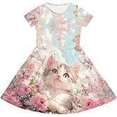 SCRAWLGOD Girls Dresses Size 2-14 Kids Summer Short Sleeve Beach Dresses Casual Midi Dress Crewneck A Line